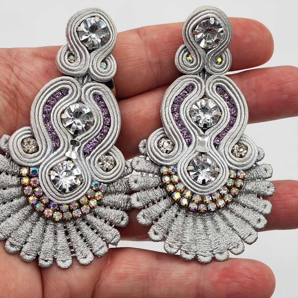 Silver Lace With Purple And AB Rhinestone Statement Earrings - Picture 9 of 11